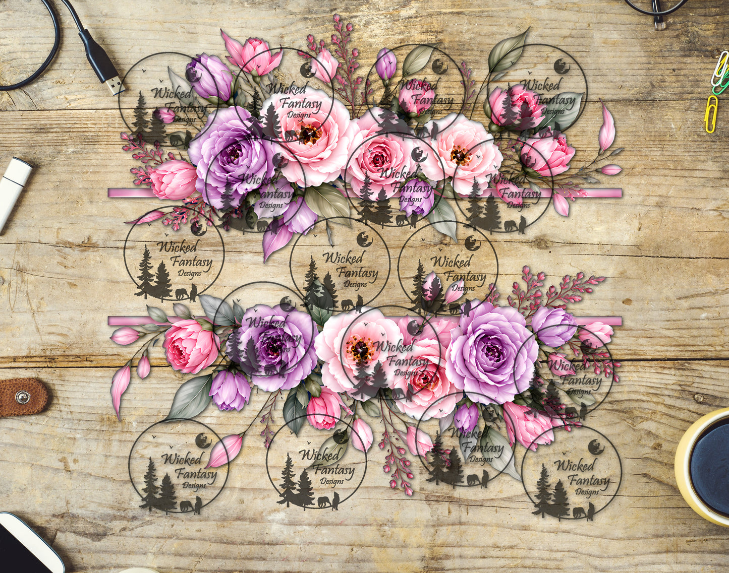 UVDTF Pale Pink and Light Purple Flowers Border Elements
