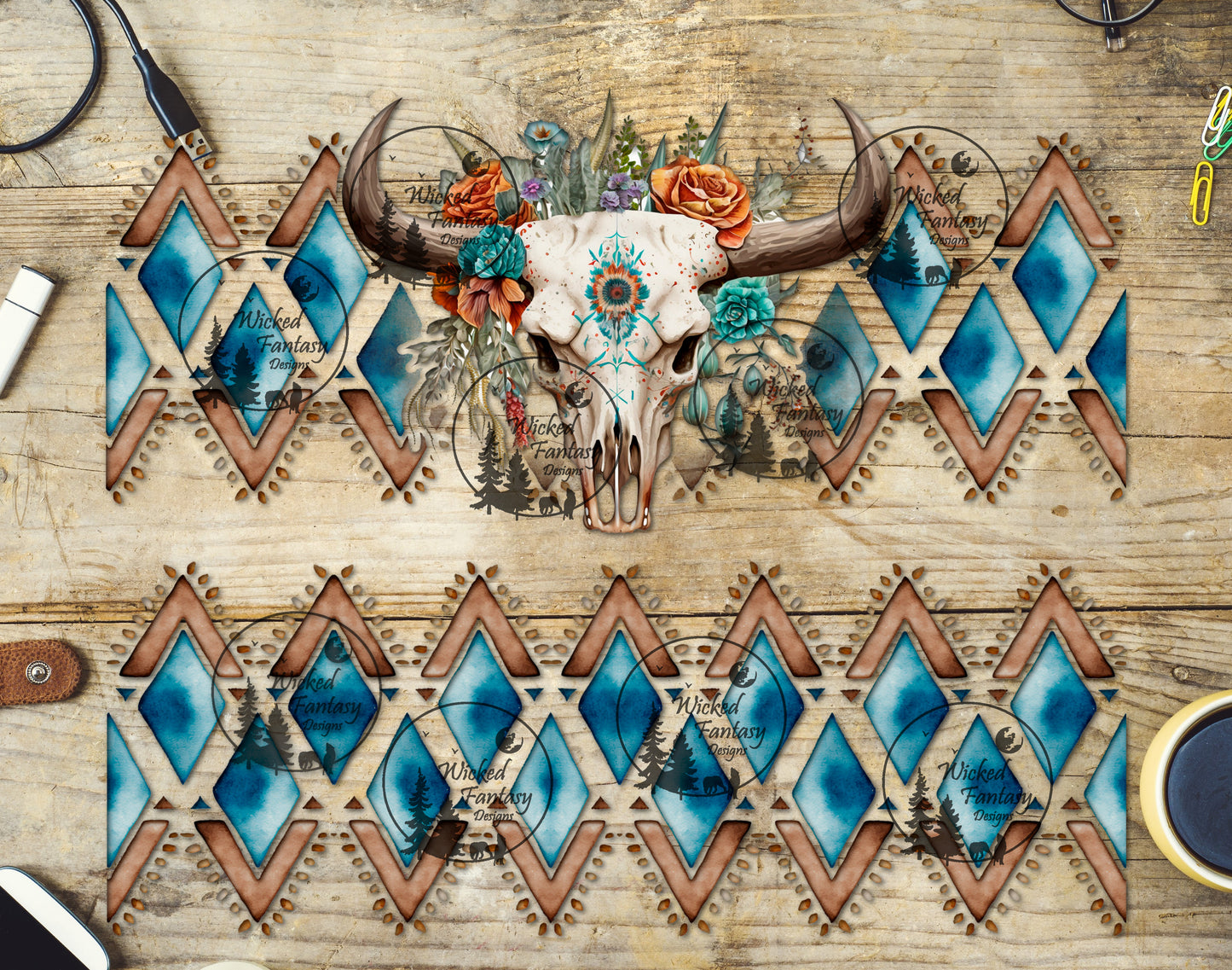 UVDTF Blue Aztec Diamonds Cow Skull 20oz 30oz 10"x10" Element