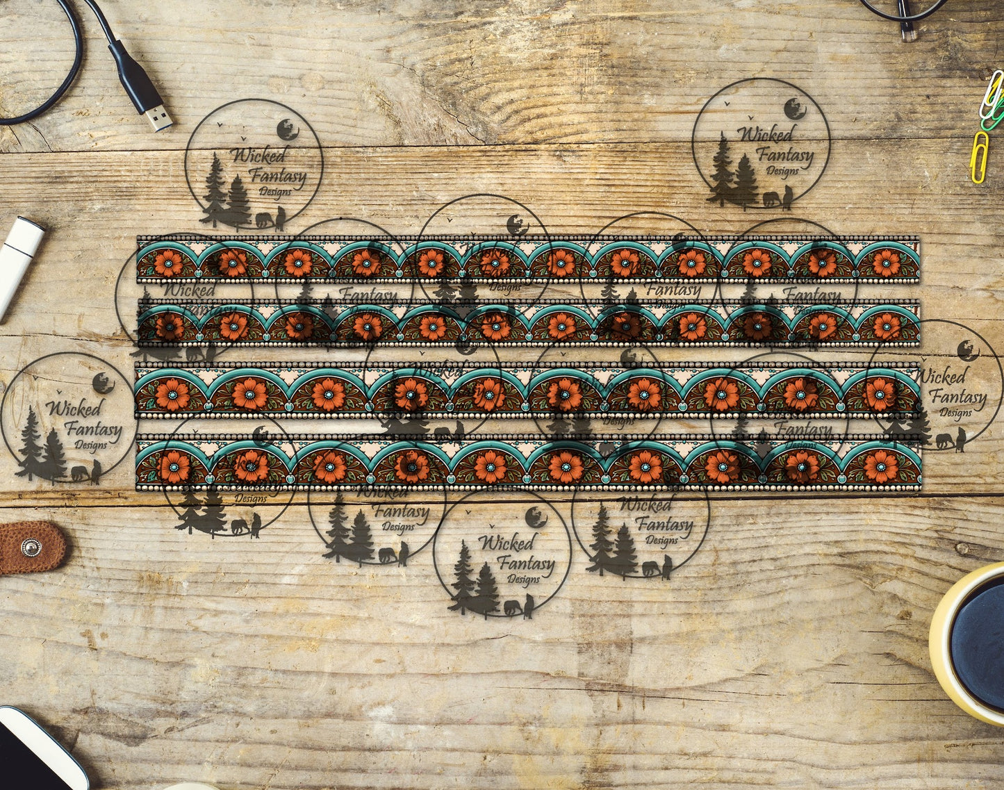 UVDTF Rust and Turquoise Floral Border Element