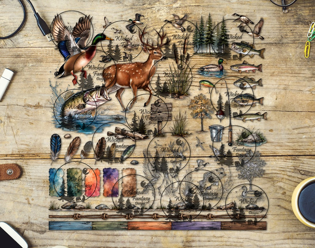 UVDTF Hunting and Fishing 12x12" Multimedia Element Sheet