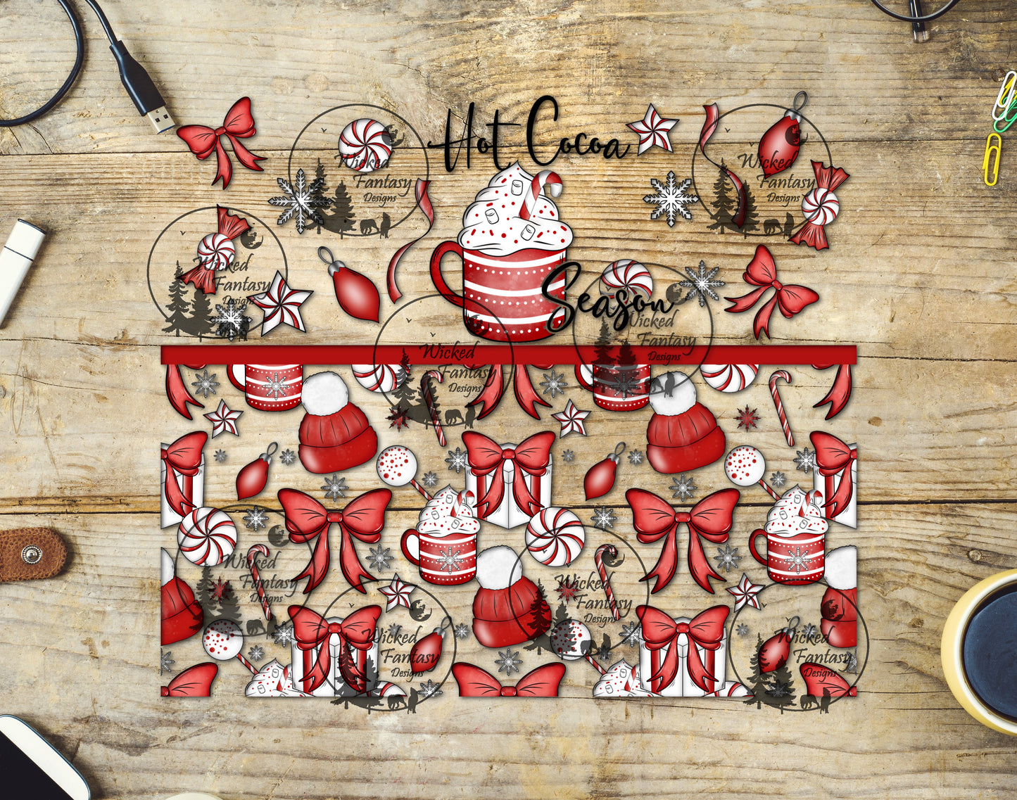 UVDTF Hot Cocoa Season Red Beanie and Bows 20oz 30oz 10"x10" Element