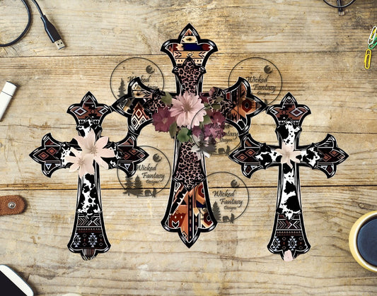 UVDTF Three Crosses with Aztec and Leopard Patterns