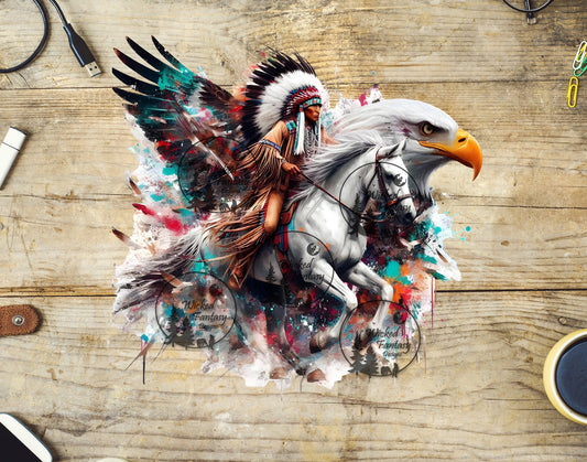 UVDTF Native American Riding White Horse with American Eagle