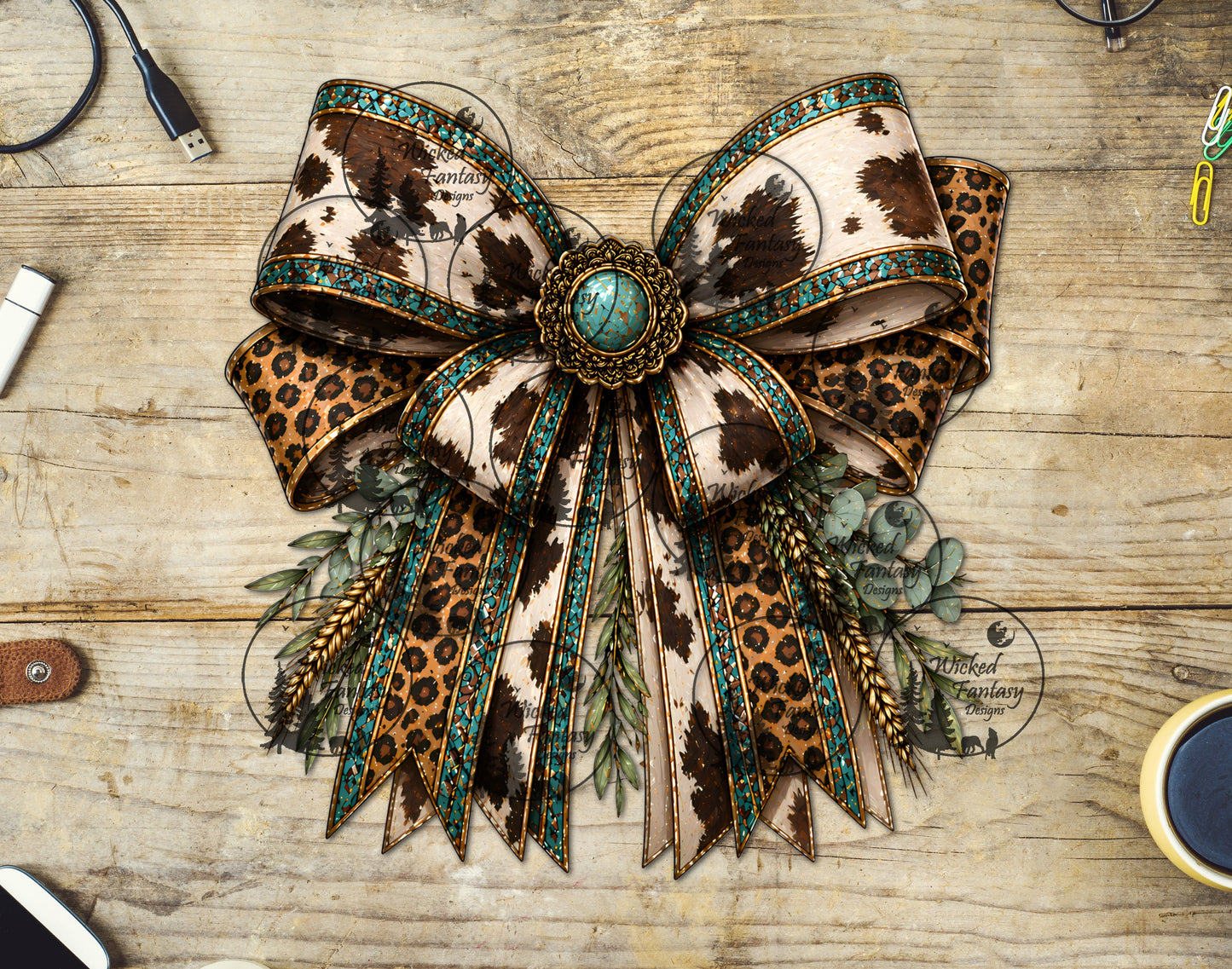 UVDTF Cow Print and Leopard Bow with Eucalyptus