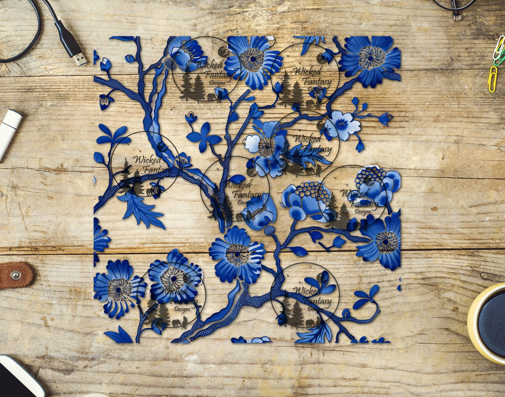 UVDTF Blue Chinoiserie Floral Print 20oz 30oz 10"x10" Element