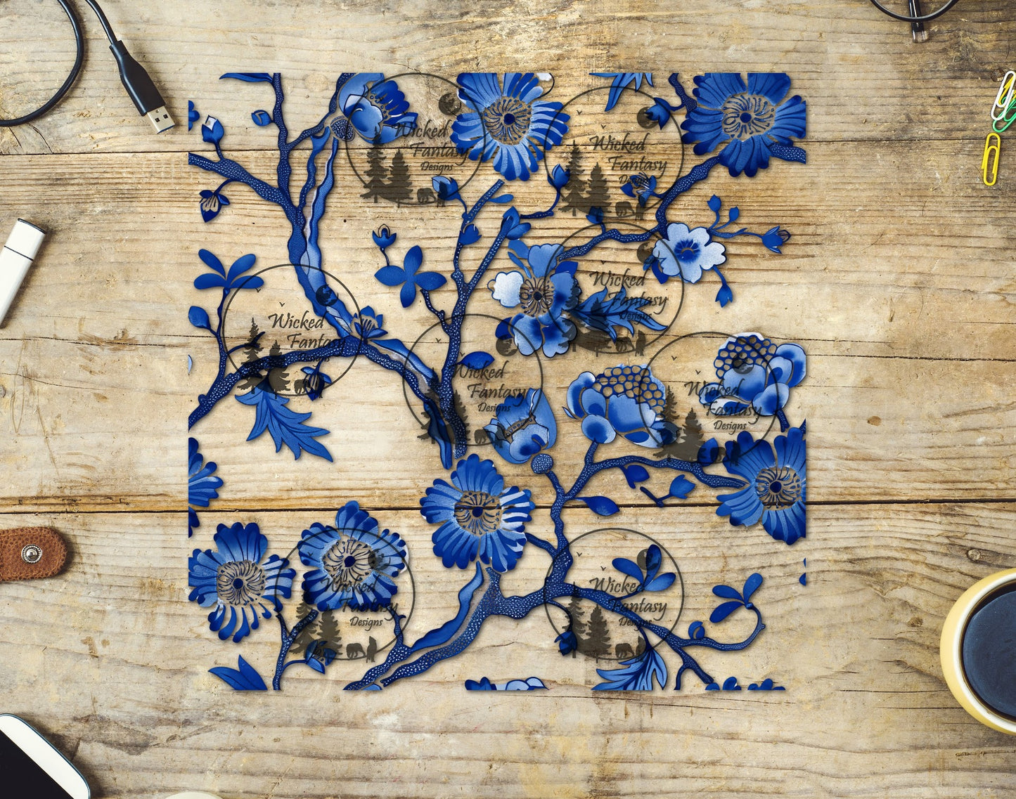 UVDTF Blue Chinoiserie Floral Print 20oz 30oz 10"x10" Element