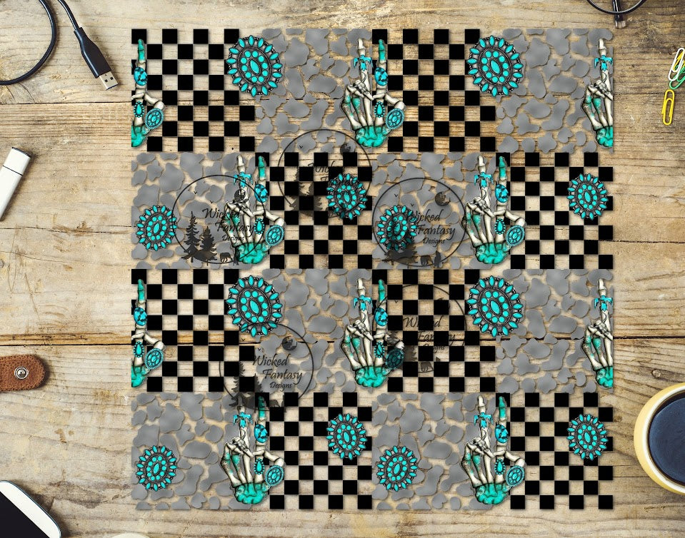 UVDTF Checkered and Conchos Skeleton Hand 20oz 30oz 10"x10" Element