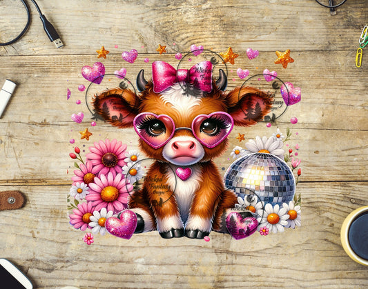UVDTF Cute Calf with Disco Ball and Flowers
