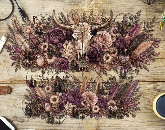 UVDTF Antique Mauve Floral Cow Skull 16oz 40oz Tumbler Wrap