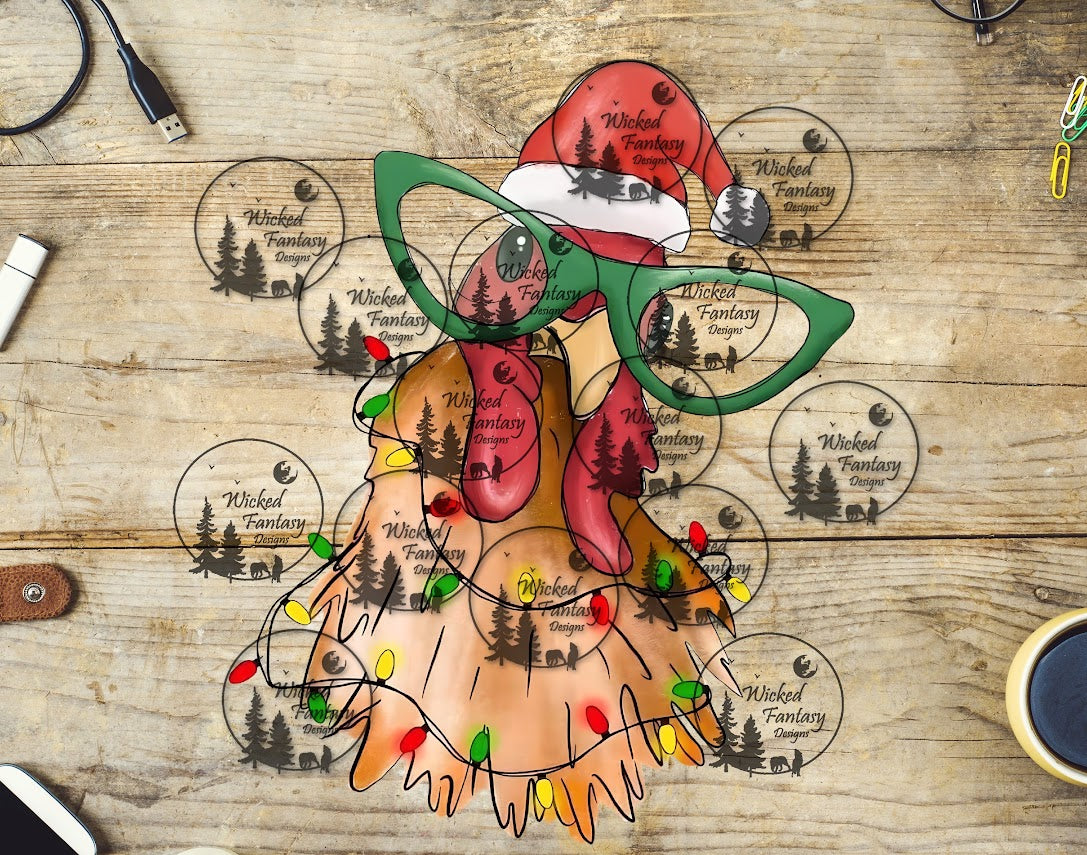 UVDTF Christmas Chicken with green glasses
