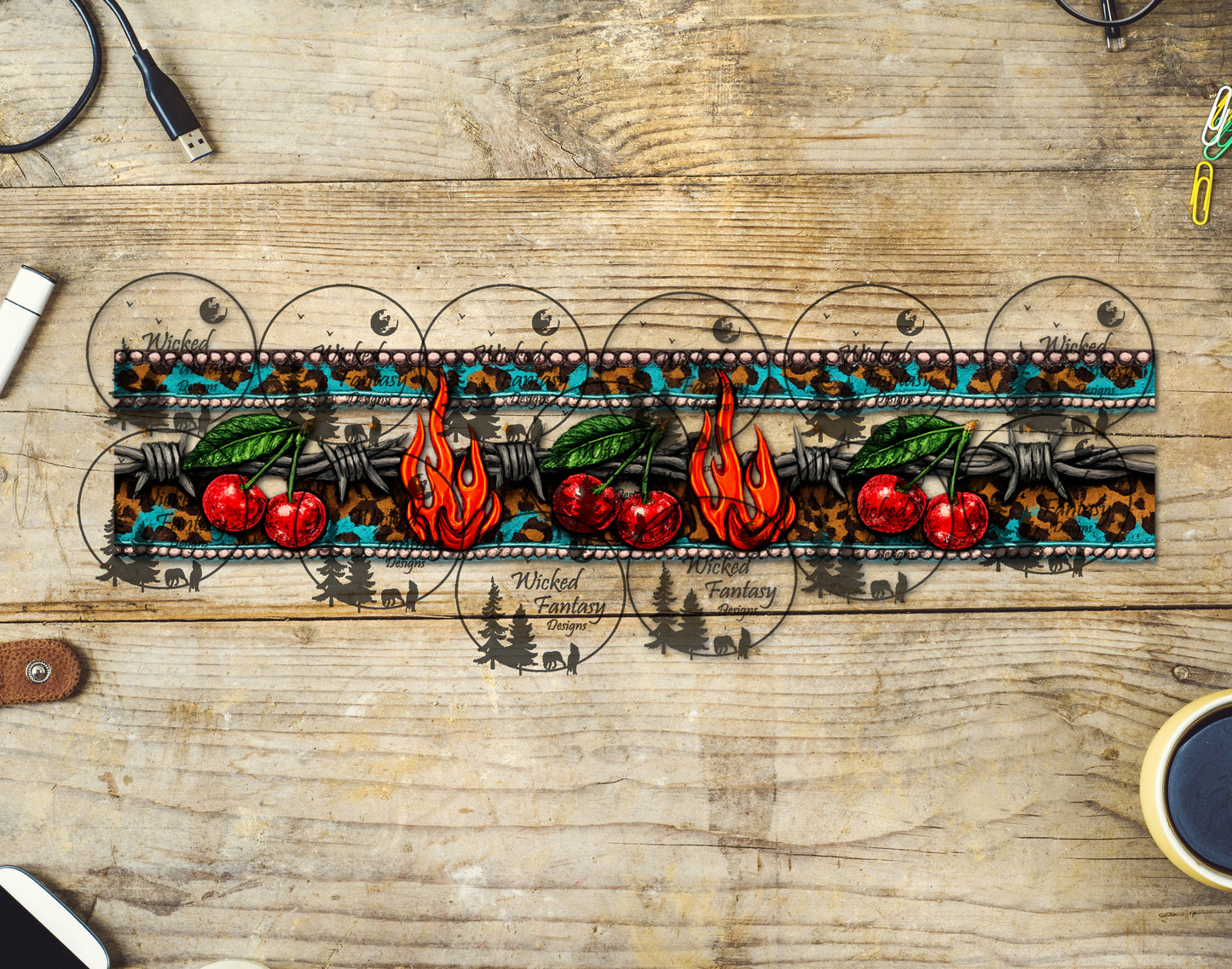 UVDTF Checkered Leopard Cherries and Barb Wire Border Element 11"