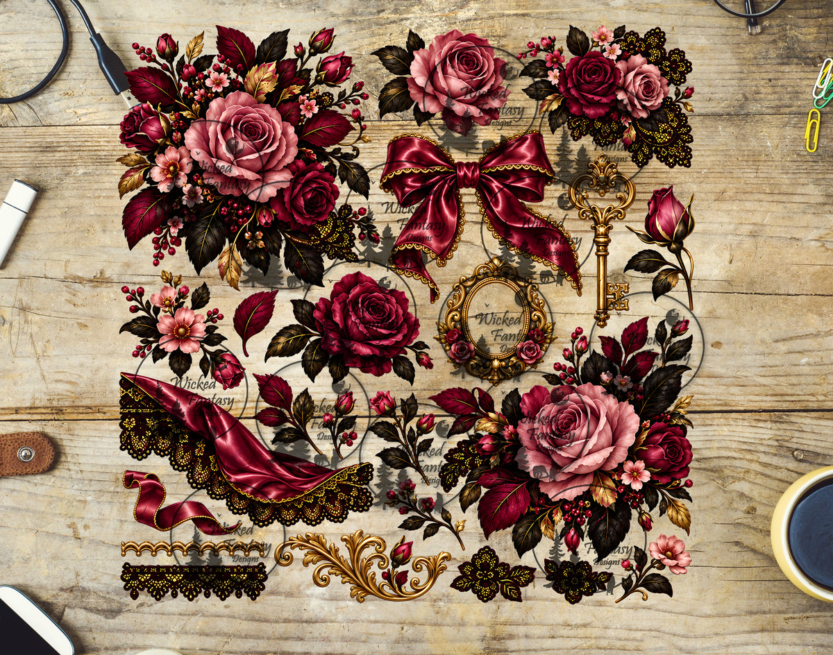 UVDTF Mauve and Dusty Pink Regal Floral Element Sheet