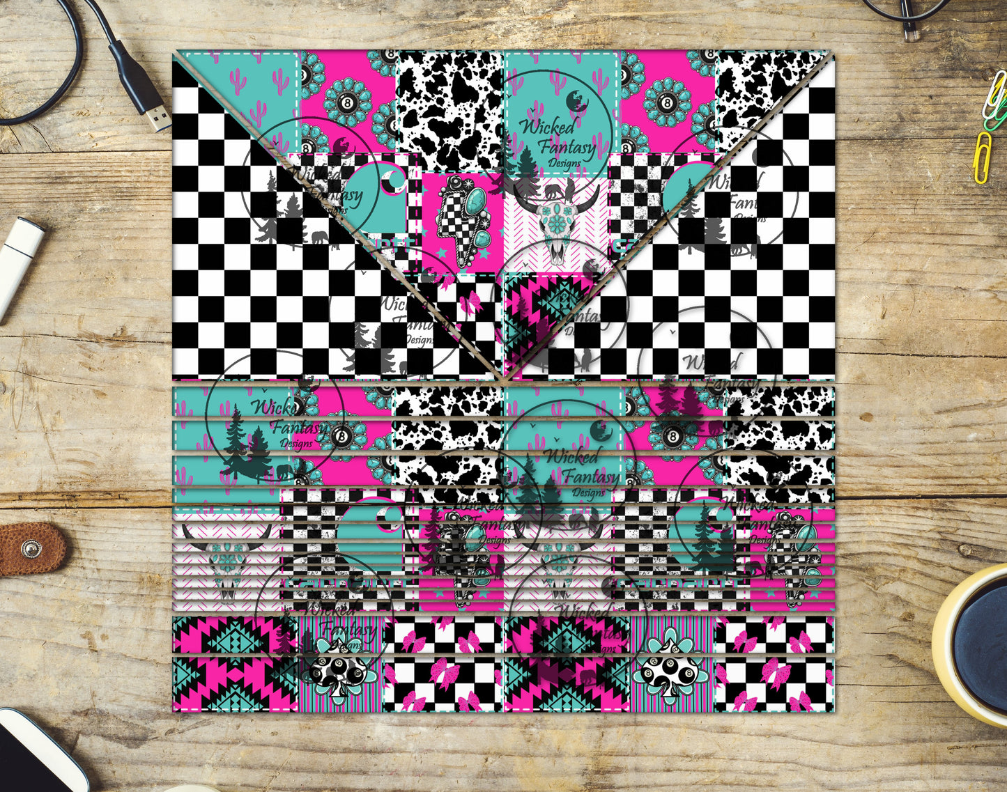 UVDTF Checkered Neon Cowgirl 20oz 30oz 10"x10" Triangles and Striping Element Sheet