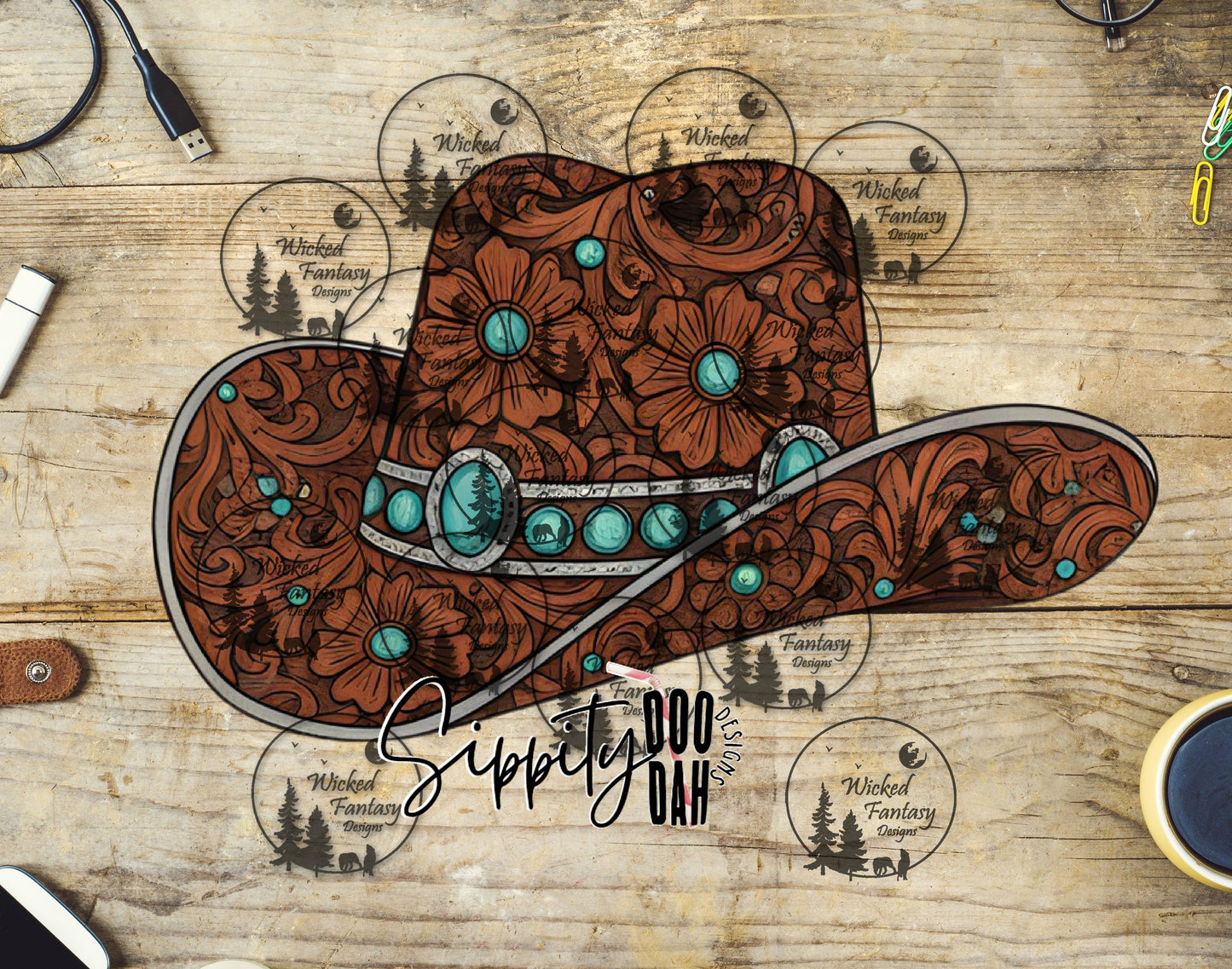 UVDTF Tooled and Turquoise Cowboy Hat