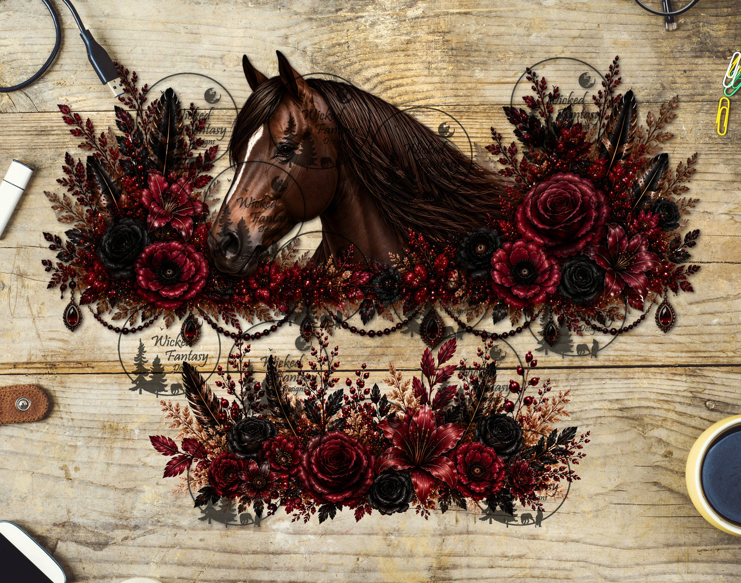 UVDTF Elegant Burgundy and Black Floral with Horse 40oz 16oz