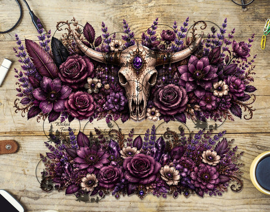 UVDTF Boho Plum Floral Cow Skull 16oz 40oz Tumbler Wrap