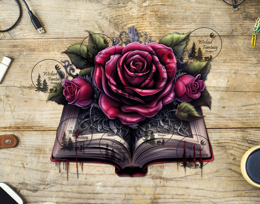 UVDTF Decal Rose in Book Dripping Blood Transparent Background sticker 1pc
