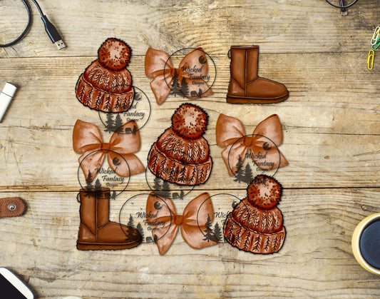 UVDTF Basic Girl Fall Bows Boots and Beanies 6x7"