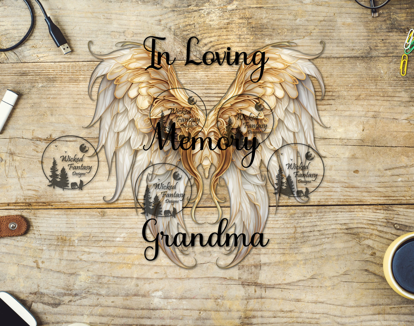 UVDTF In Loving Memory Grandma Gold Angel Wings