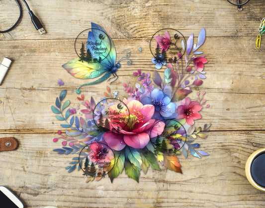 UVDTF Pink and Periwinkle Floral Arrangement with Fantasy Butterfly