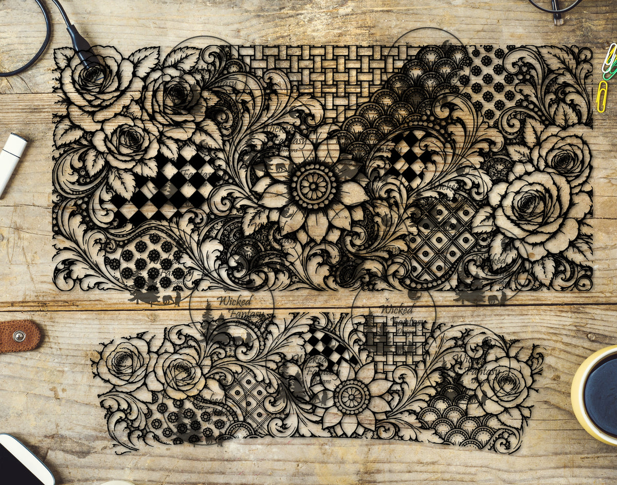 UVDTF Western Tooled Roses Grunge Patchwork 40oz 16oz
