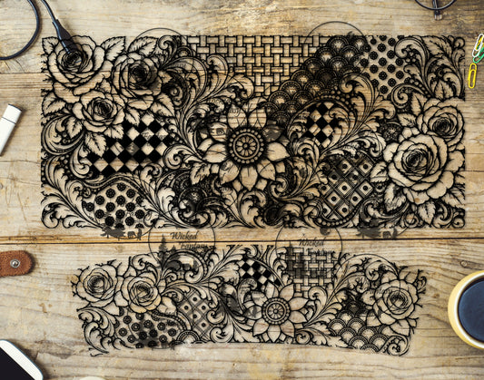 UVDTF Western Tooled Roses Grunge Patchwork 40oz 16oz