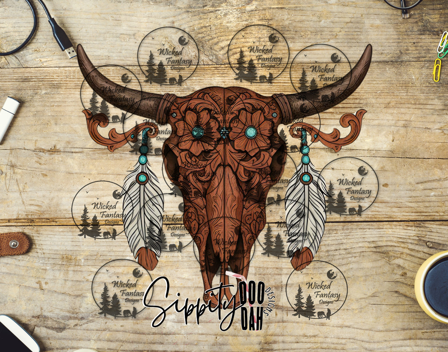 UVDTF Tooled and Turquoise Boho Cow Skull