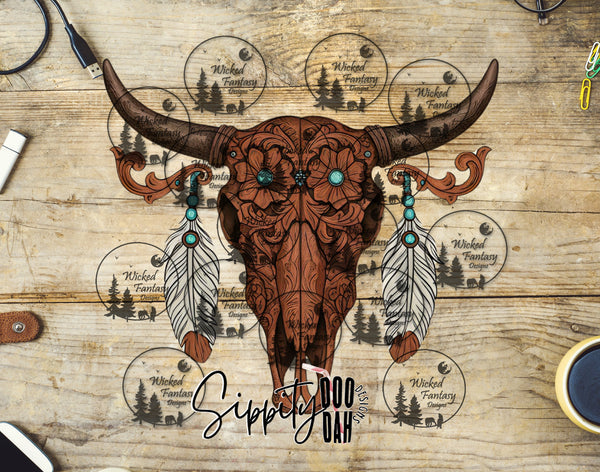 UVDTF Tooled and Turquoise Boho Cow Skull
