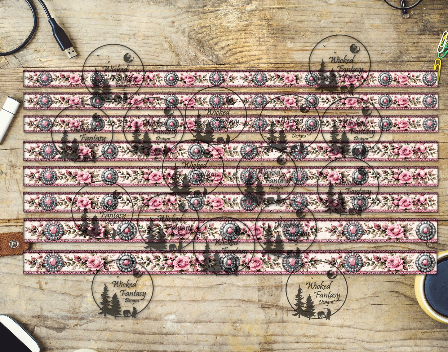 UVDTF Pink Conchos and Florals 6x12" Striping Element