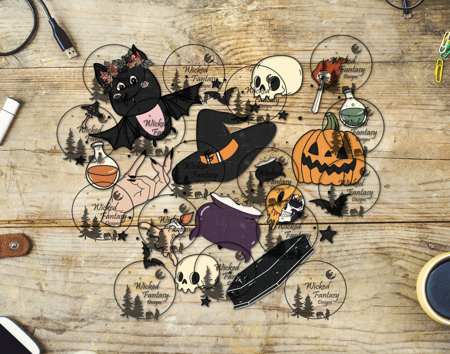 UVDTF Halloween Heart with Bat Witch Hat Coffin