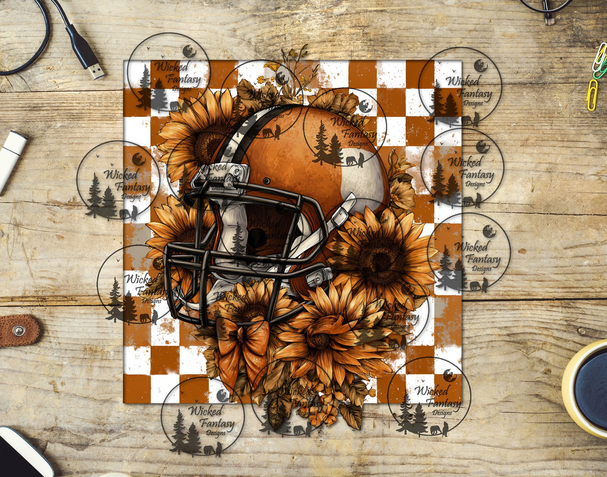 UVDTF Football Helmet with Sunflowers and Checkered