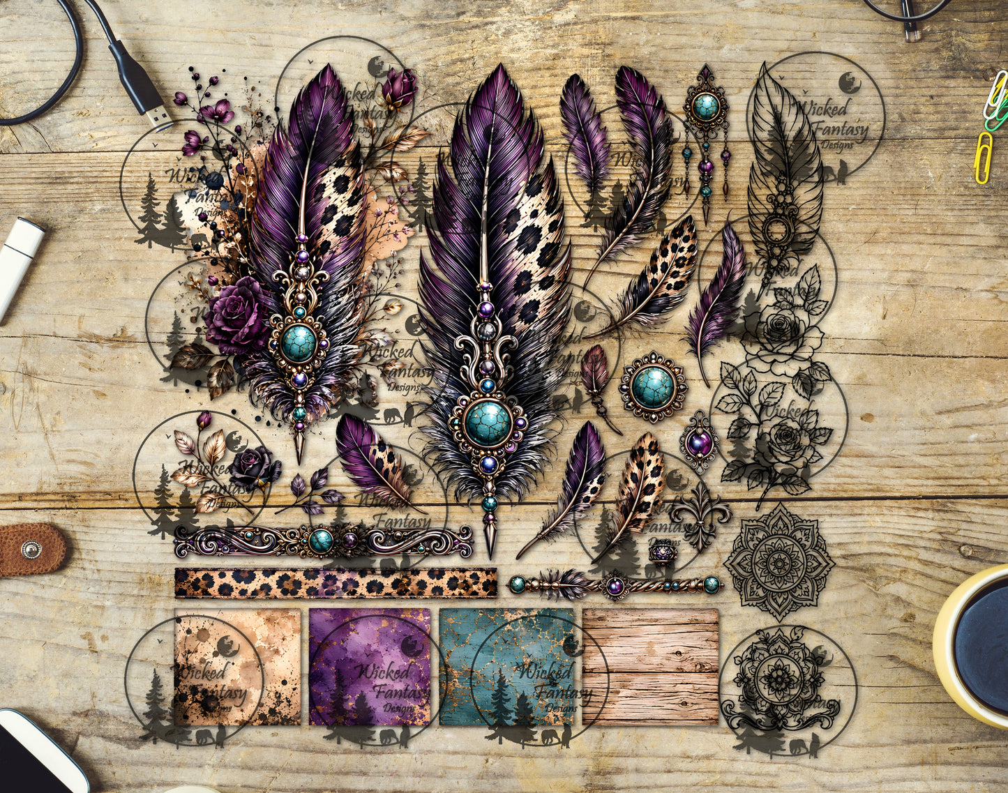 UVDTF Amethyst Leopard Luxe Feathers Multimedia Element Sheet
