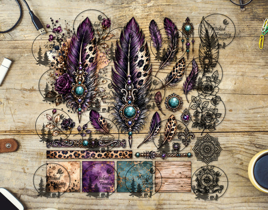 UVDTF Amethyst Leopard Luxe Feathers Multimedia Element Sheet