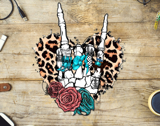 UVDTF Skeleton Hand with Western Rings Leopard Print and Roses