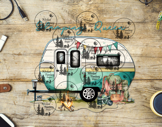 UVDTF Decal Glamping Camping Queen Retro Trailer Transparent Background Sticker 1pc