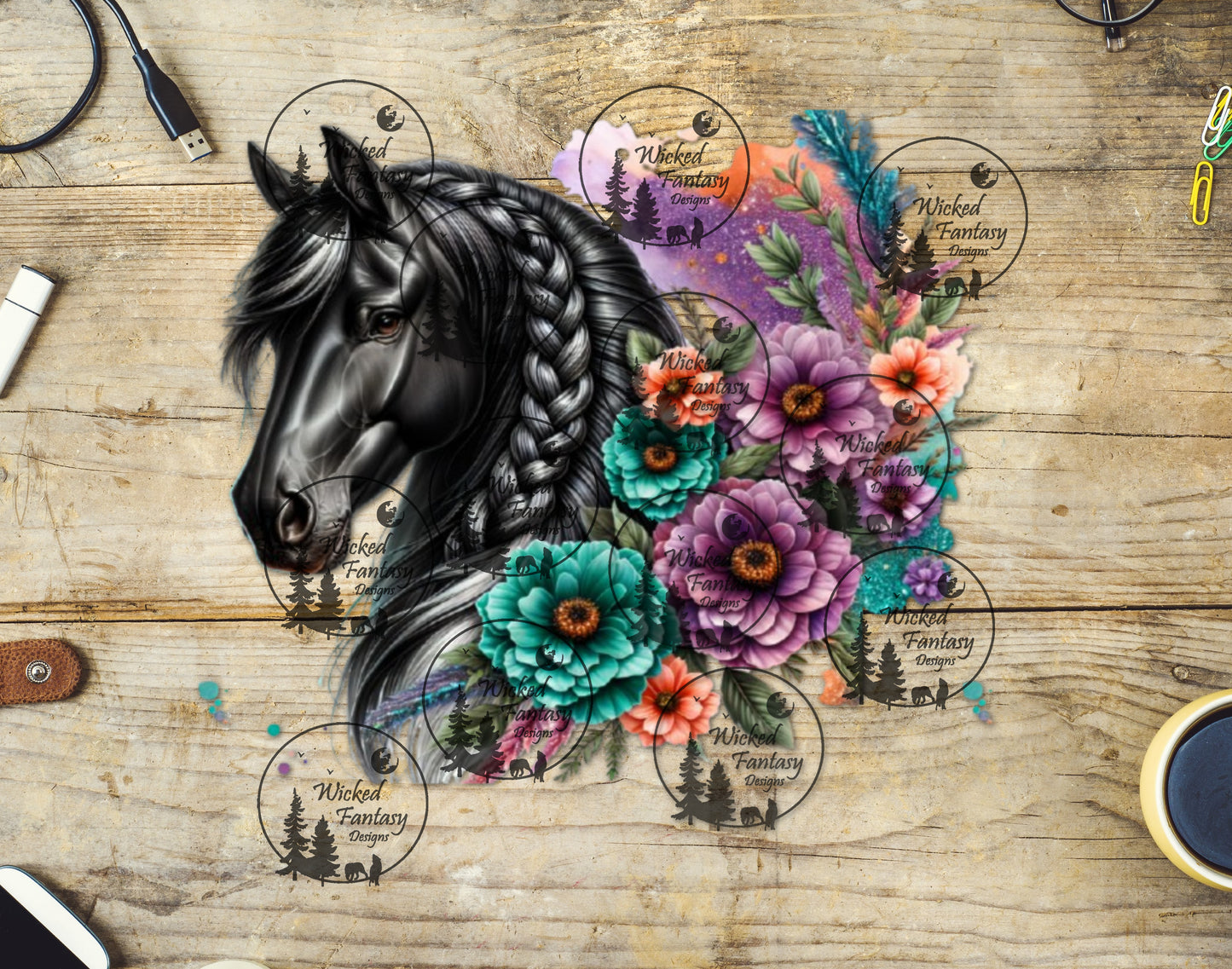 UVDTF Black Horse with Teal and Purple Flowers