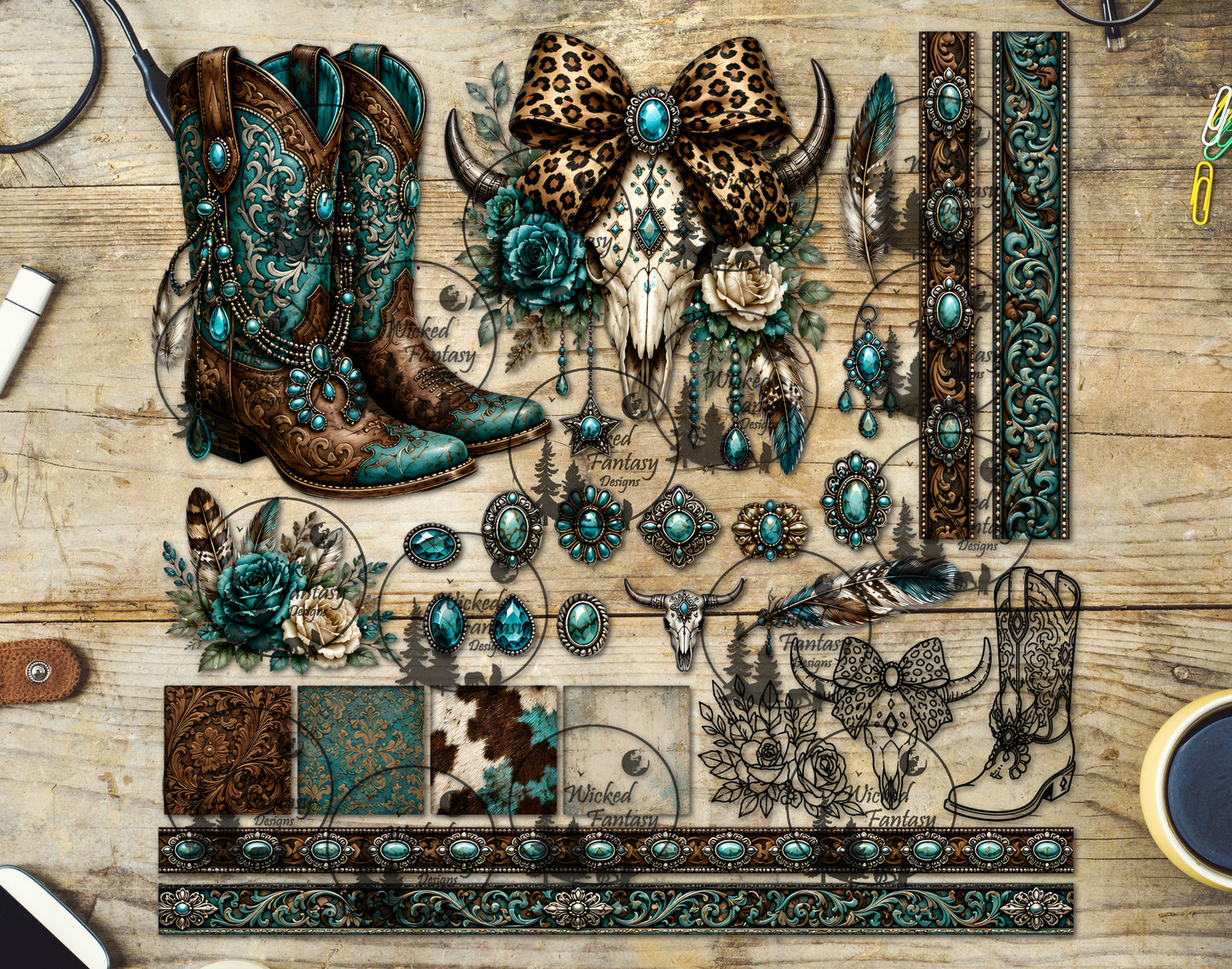 UVDTF Tooled Blue Turquoise Boots and Cow Skull Element Sheet