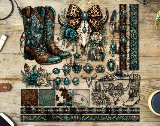 UVDTF Tooled Blue Turquoise Boots and Cow Skull Element Sheet