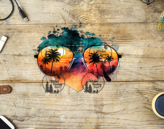 UVDTF Decal Aviator Sunglasses Beach Sunset Watercolor Transparent Background Sticker 1pc