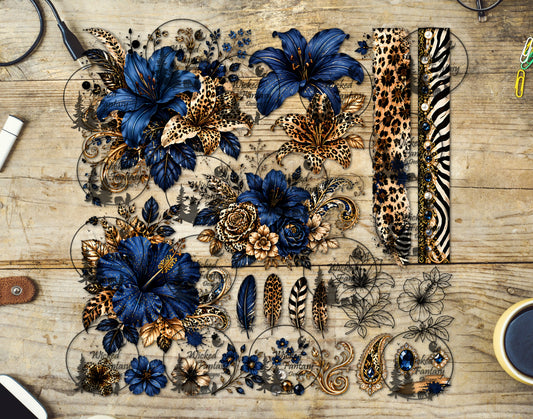 UVDTF Navy Luxe Leopard Hibiscus Multimedia Element Sheet
