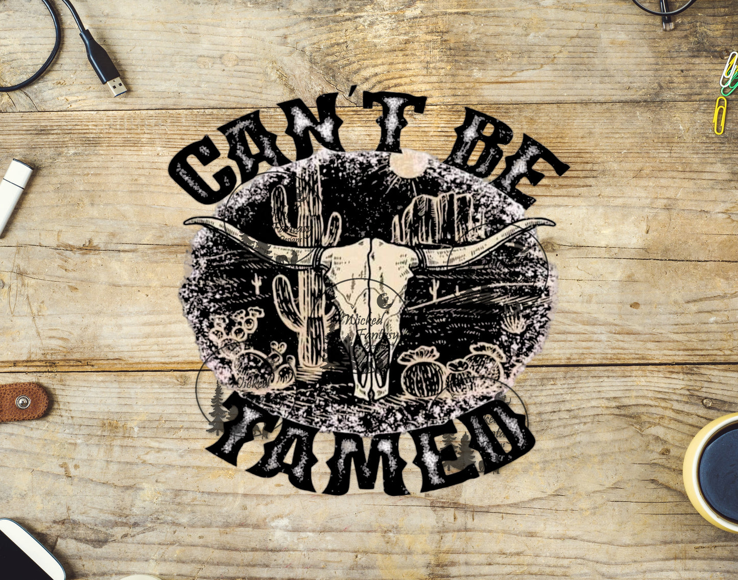 UVDTF Decal Can't Be Tamed Southwestern Desert Cow Skull Transparent Background Sticker 1pc