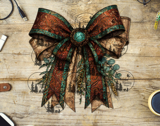 UVDTF Rust Teal and Tan Double Bow with Concho