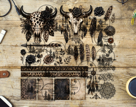 UVDTF Gold Leopard Luxe Cow Skulls Multimedia Element Sheet