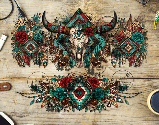 UVDTF Red Aztec Cow Skull and Leopard Print 16oz 40oz Tumbler Wrap