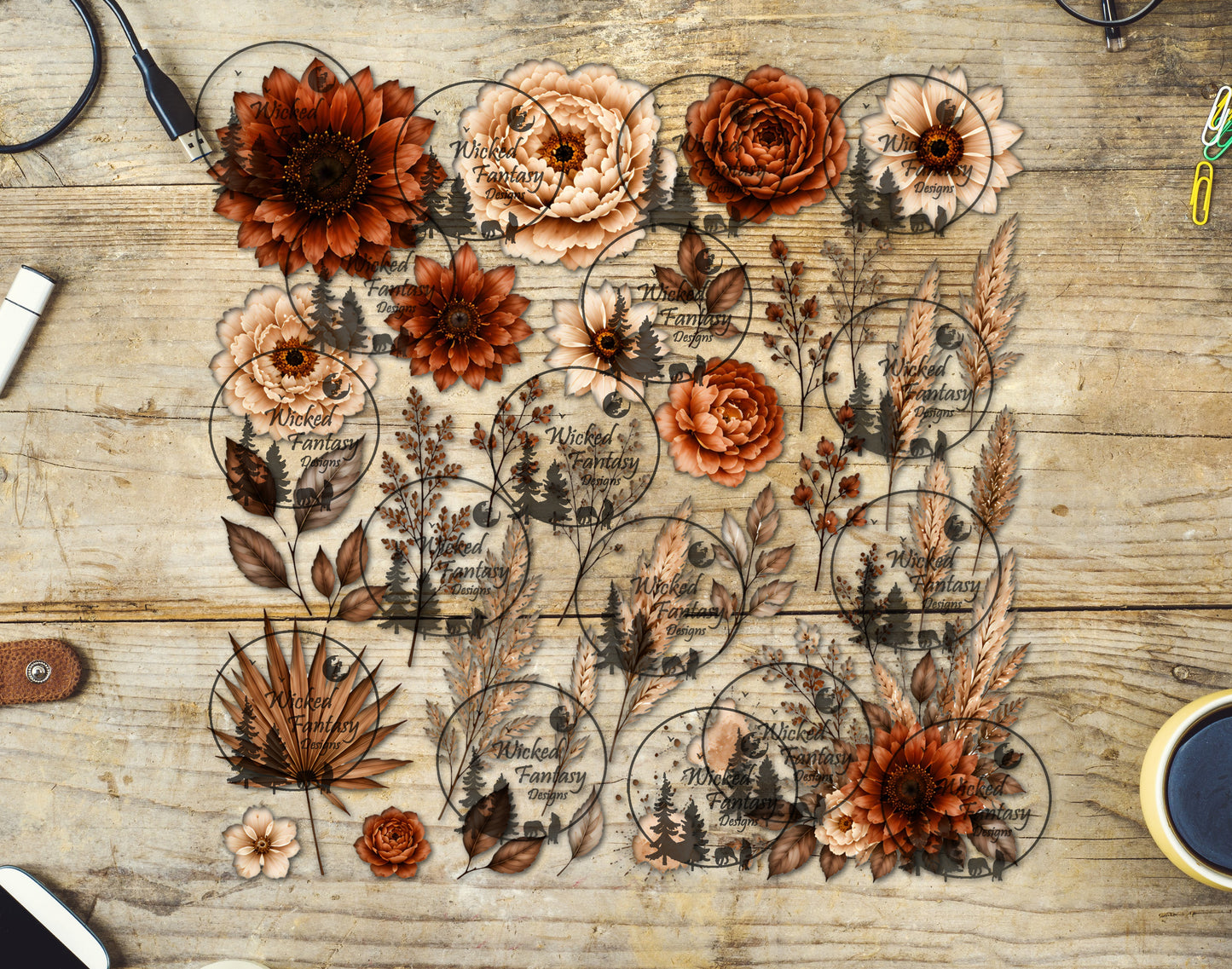 UVDTF Pampas Grass and Rust Florals Element Sheet