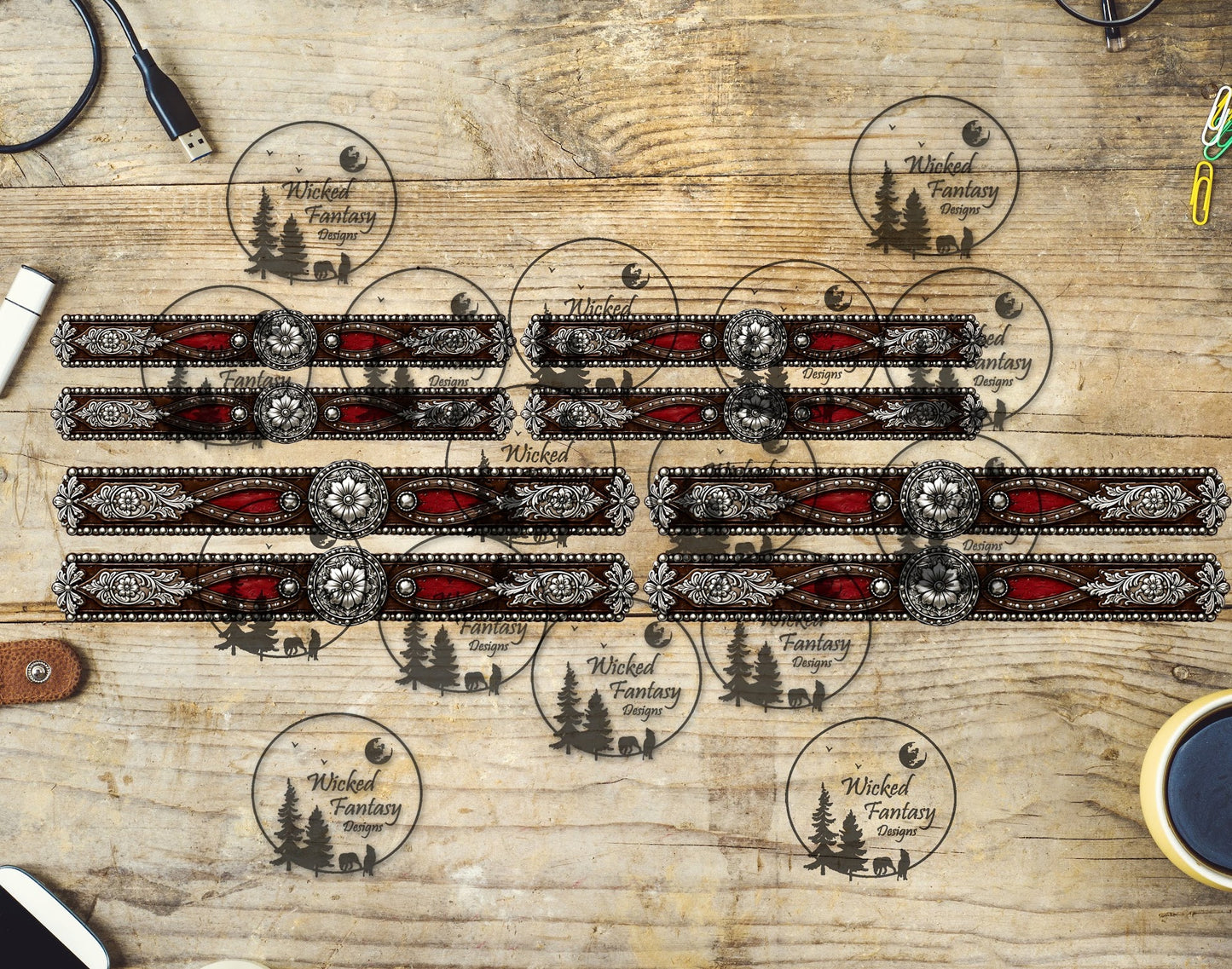 UVDTF Silver Conchos and Red Inlay Leather Border Element