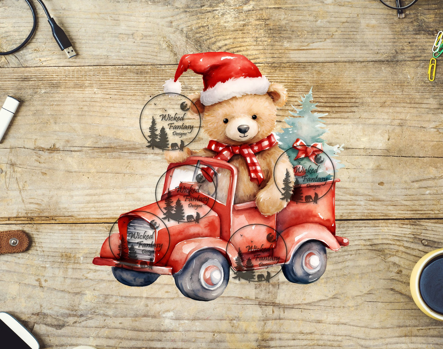 UVDTF Teddy Bear in Red Truck with Christmas Tree