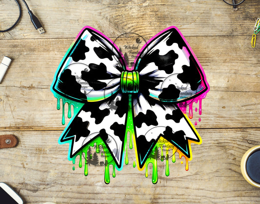UVDTF Cow Print Bow with Rainbow Drips