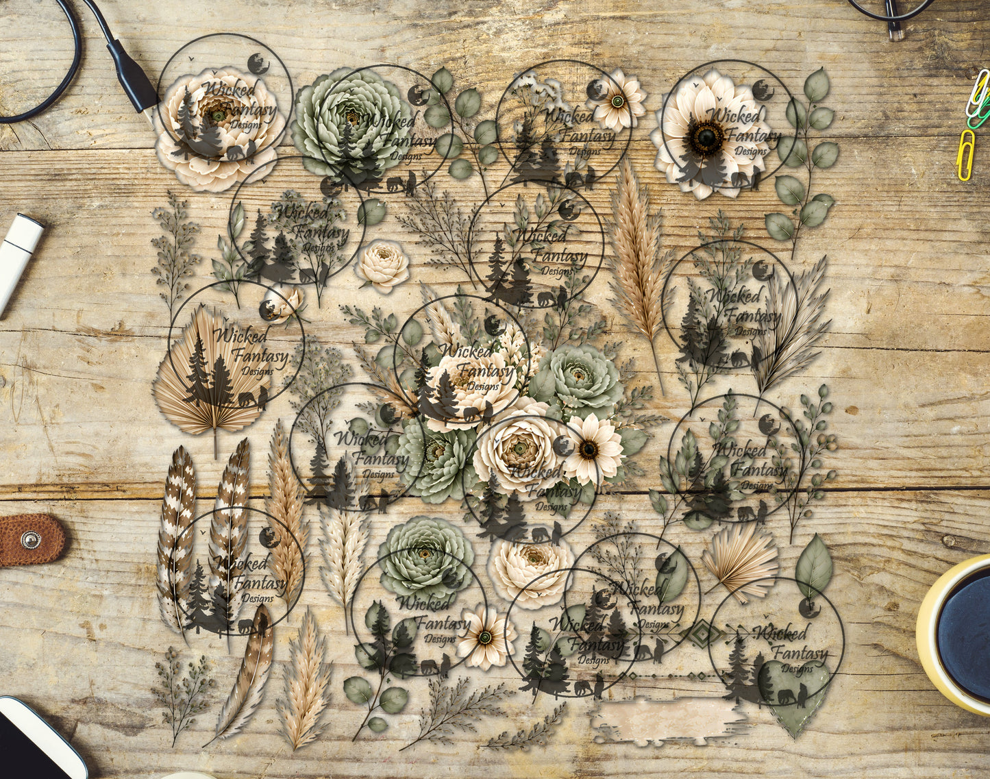 UVDTF Sage and Cream Boho Florals Element Sheet