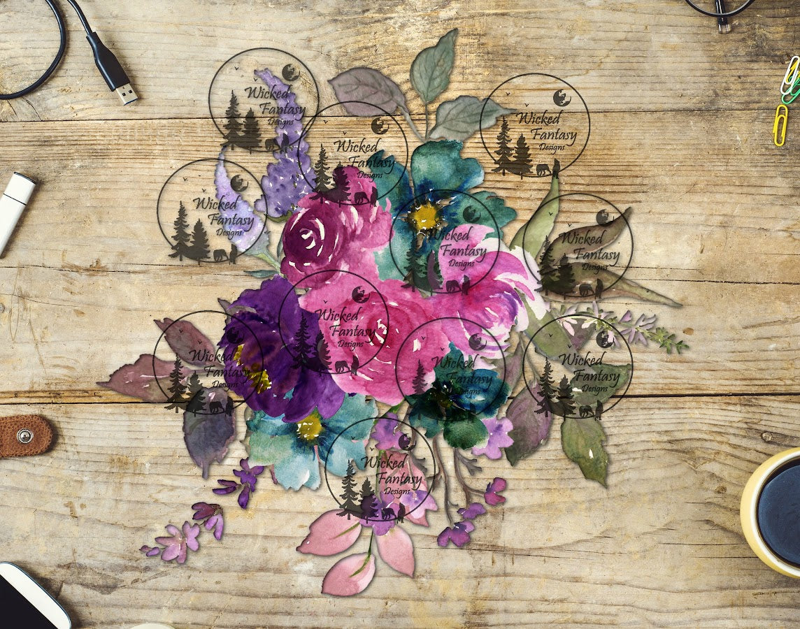 UVDTF Pink Purple Teal Flower Arrangement
